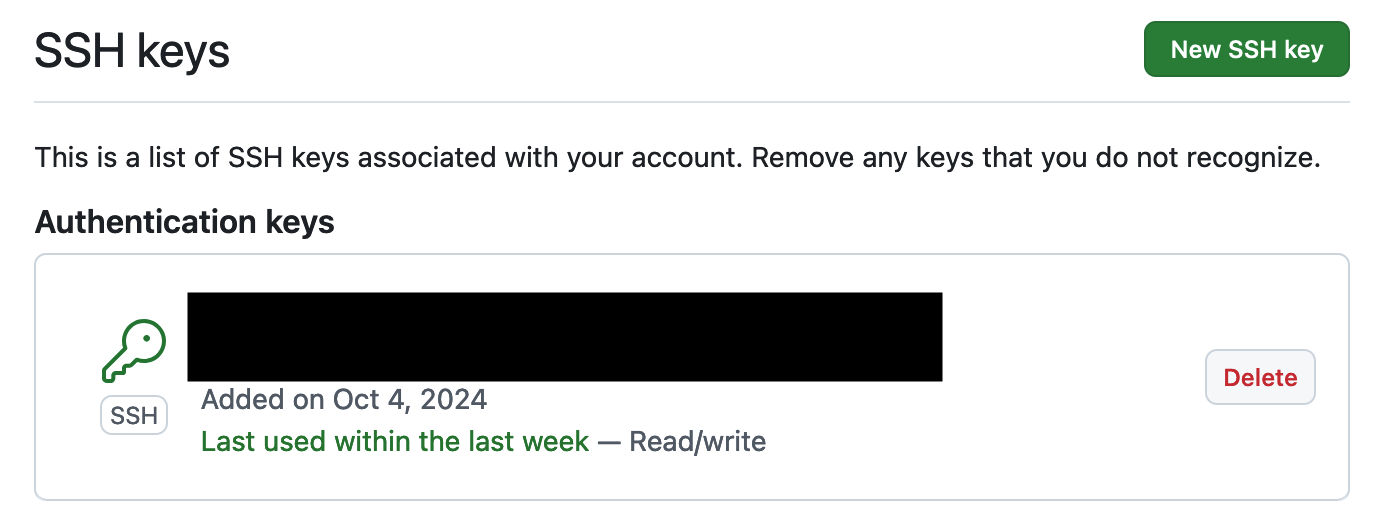 A screenshot of added keys on the GitHub SSH keys page