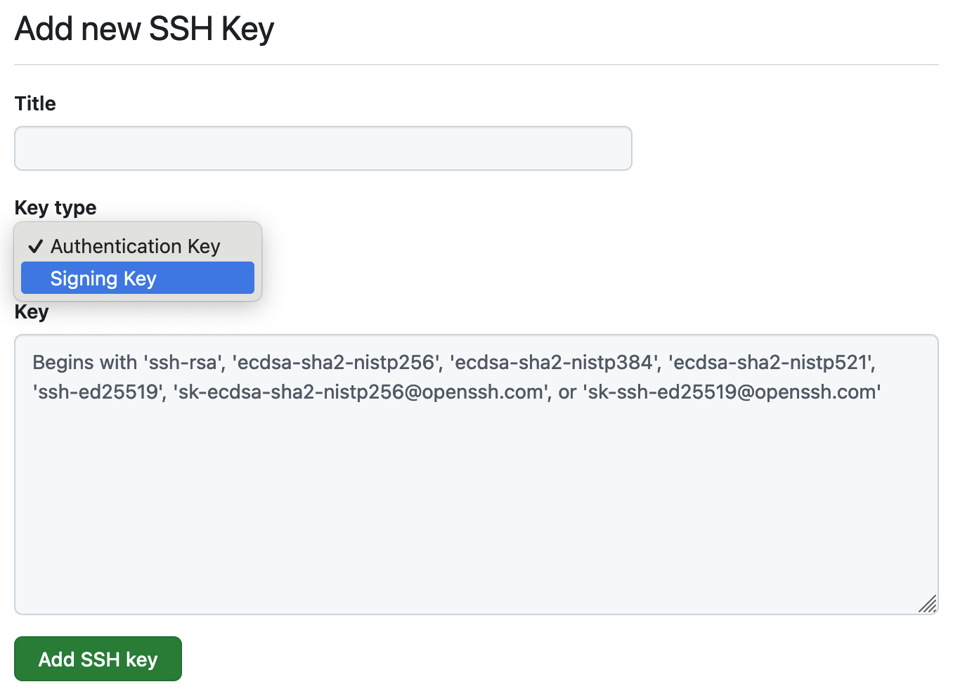 A screenshot of adding a SSH authentication key to GitHub