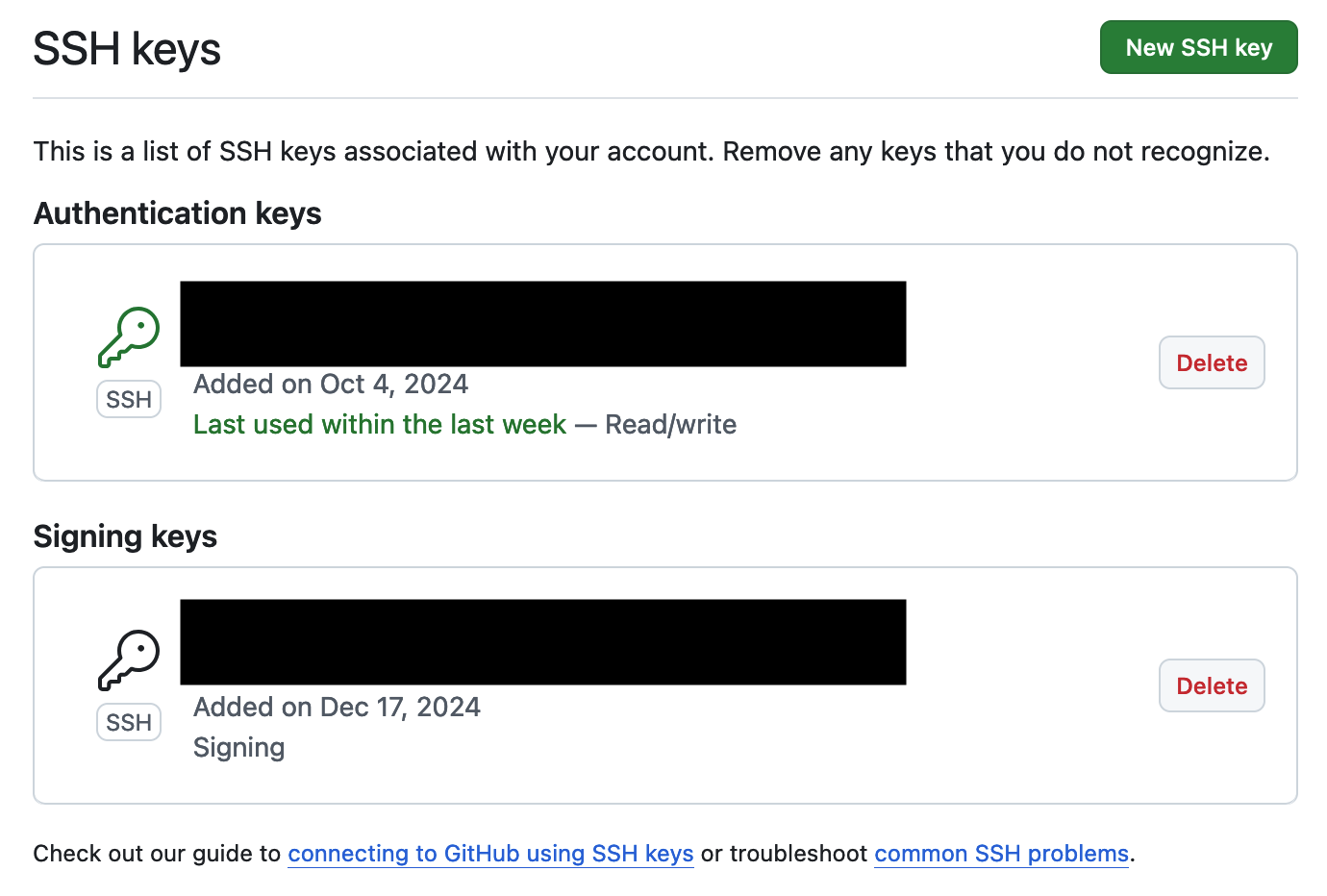 A screenshot of added keys on the GitHub SSH keys page