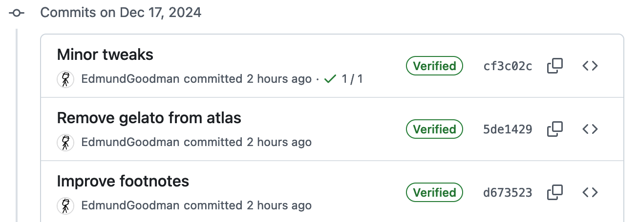 A screenshot of verified commits shown in a GitHub history